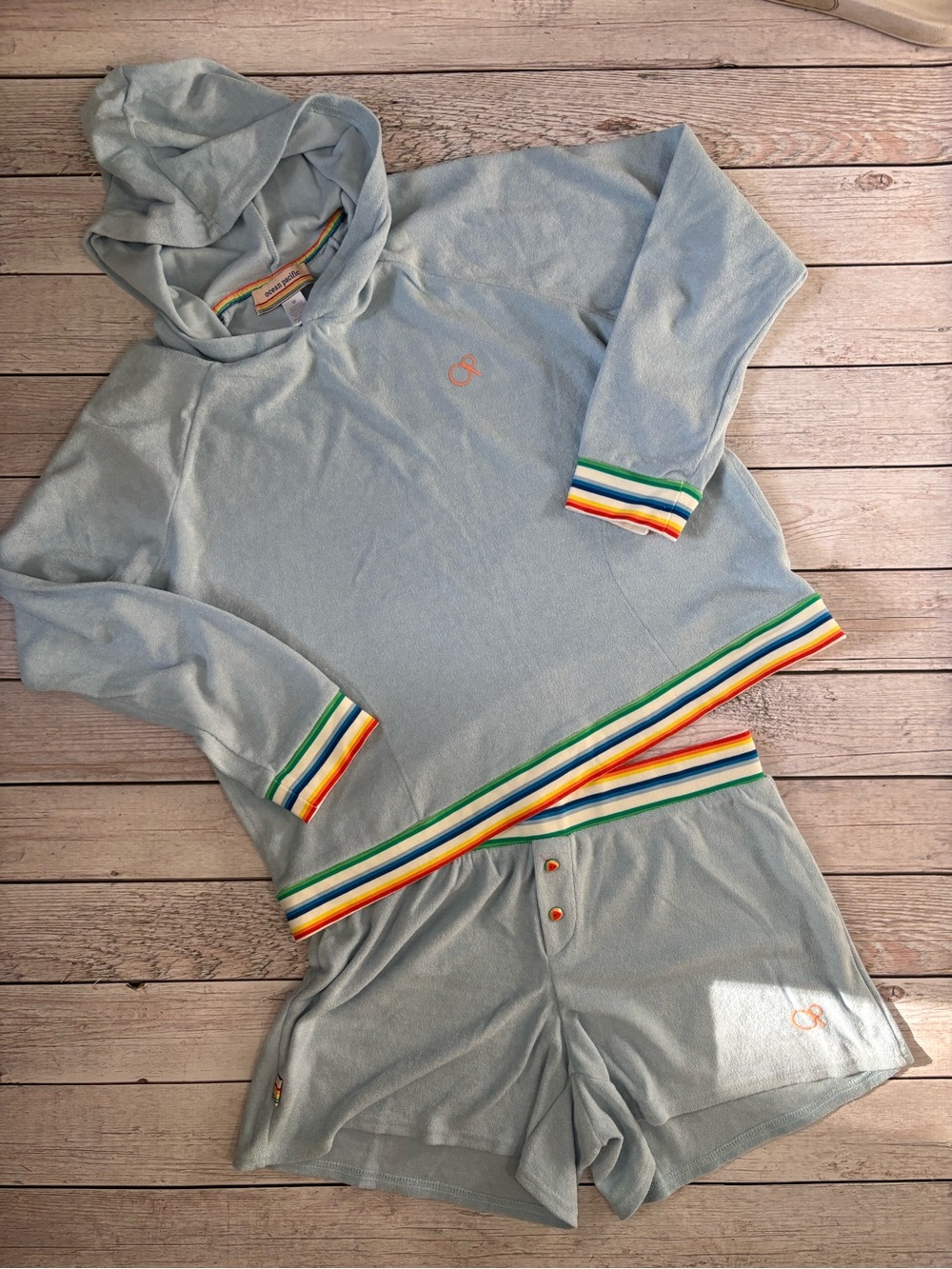 OP Light Blue Hooded Sweatshirt with Rainbow Trim
